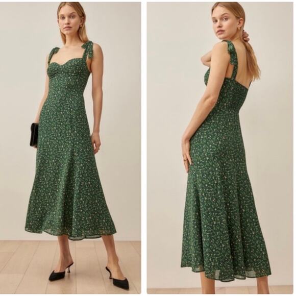 Reformation Nadira Coriander Green Bustier Tie Shoulders Floral Midi Dress 8 - Picture 1 of 10